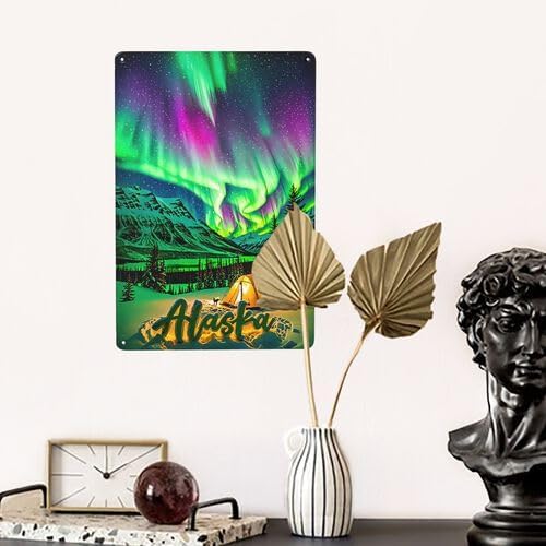 Alaska Retro Metal Wall Art Sign - Rustic Vintage Northern Lights & Mountain Landscape Design, Durable Iron Garage Bar Kitchen Office Decor, 8x12 Inch No Electricity Needed, Nordic Home Decor