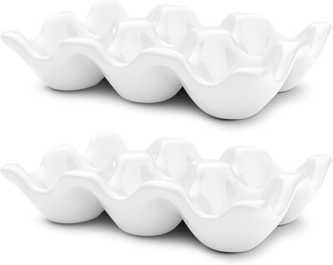 Flexzion Porcelain Egg Crate - 6 Capacity Ceramic Tray, Half Dozen Holder, White Decorative Serving Dish and Storage Organizer, 2 Pack