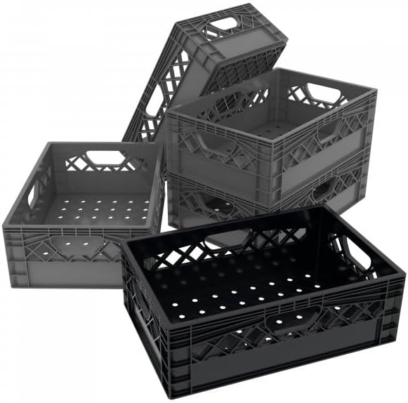 Farmplast Plastic Half Size Milk Crate, 24 Quart Storage Container, Black, Industrial Grade Stackable Utility Box