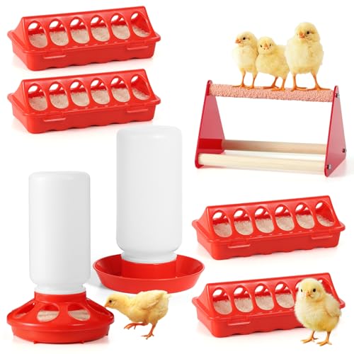 7PCS Chick Feeder and Waterer Kit with Wooden Perch,Baby Poultry Starter Set with Chick - Plastic, 16 ounces by ZhiYueOnePets