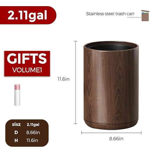 8L/2.1GAL Dark Brown Modern Metal Waste Bin with Realistic Wood Texture,Built-in Bag Holder,Office Trash Can,Open-Top Trash Bin,for Bathroom,Home,Office,Living Room (2.1gal Round)