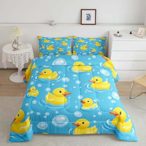 Erosebridal Kids Yellow Rubber Duck Queen Comforter Set Cartoon Ducks Bedding Set Funny - Blue Yellow, Polyester, 3 Pack - Image 2