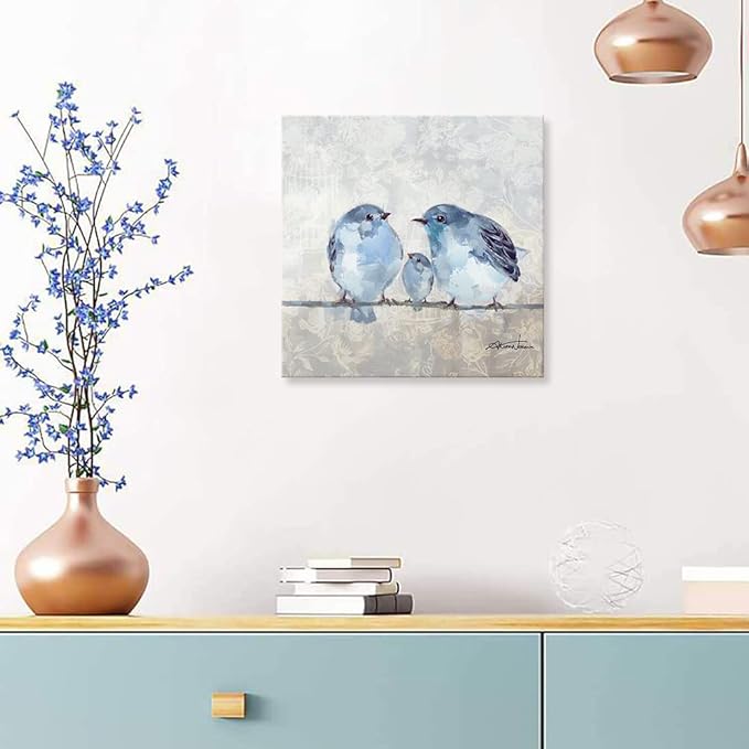 Woxfcart Blue Bird Canvas Wall Art, Cute Lovebird Pictures for Gray Home Bathroom Bedroom Children's Room Decoration,13.5 x 13.5 Inch