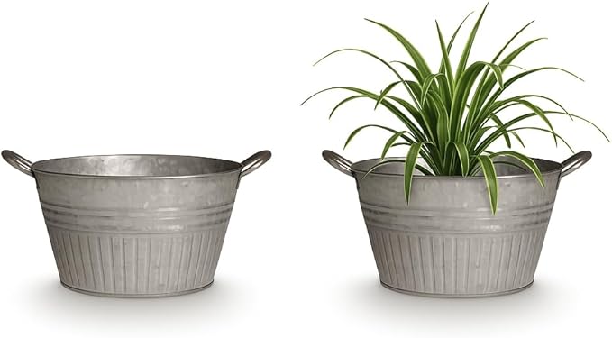 Headwind Decorative Planter - Round Galvanized Tub Planter with Handles – 12 Inch Lightweight Metal Planter with Drainage Hole – Galvanized Steel Tub for Plants - Metal Flower Pot by Robert Allen