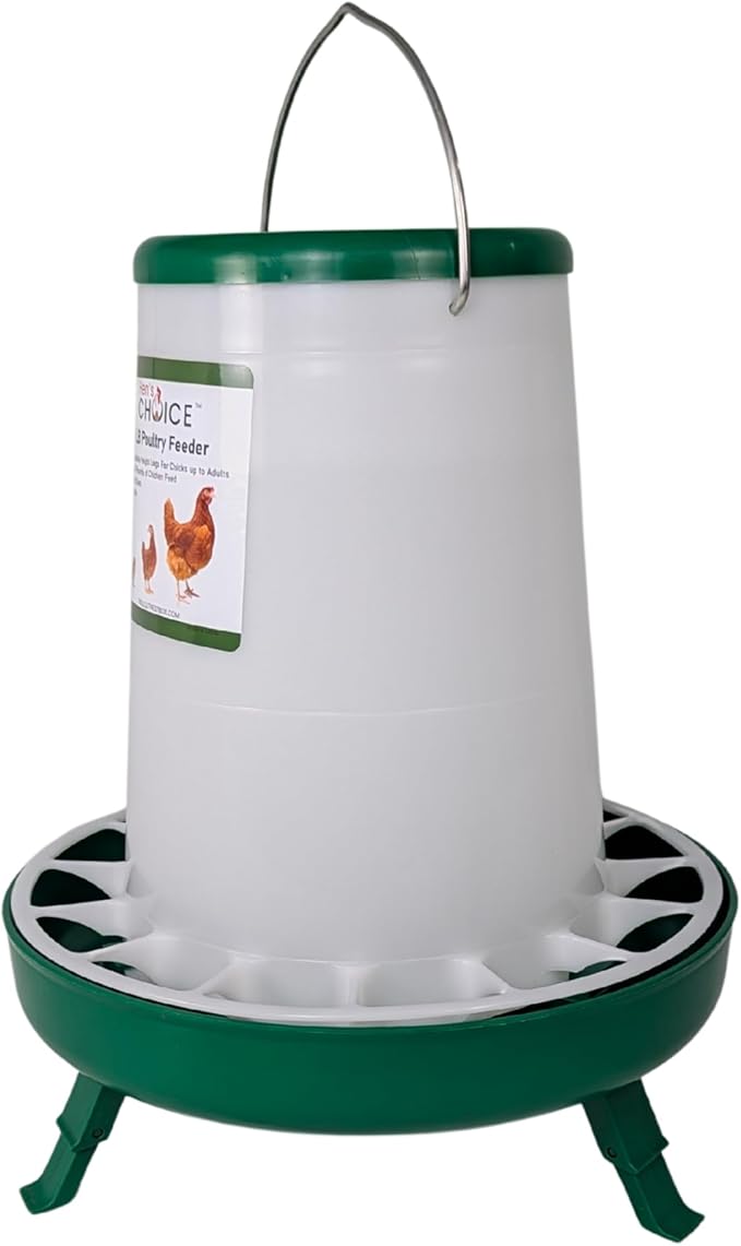 Hen's Choice 11 LB Poultry Feeder, Twist Lock Base, Adjustable Legs, Hangable with Lid (Green)
