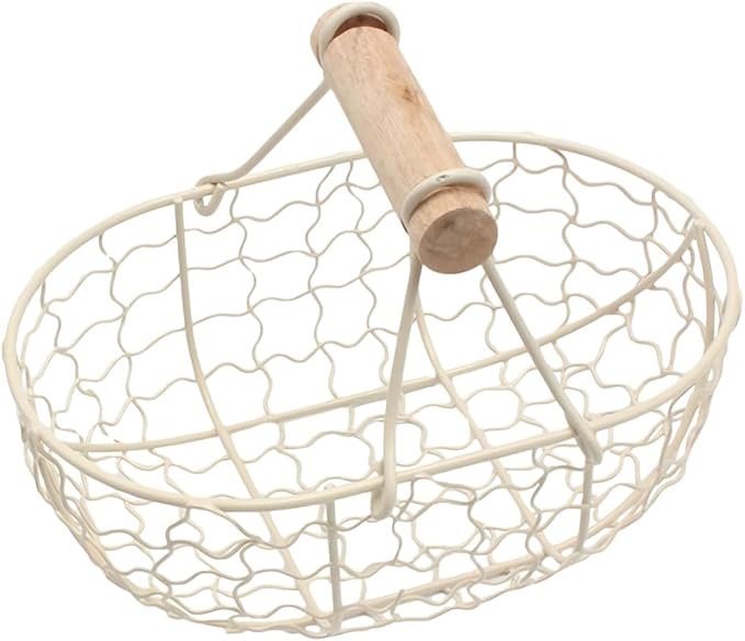 Egg Basket, Small Farmhouse Wire Basket with Wooden Handle Rustic Countertop Holder and Storage for Gathering Fresh Eggs, Egg Holder