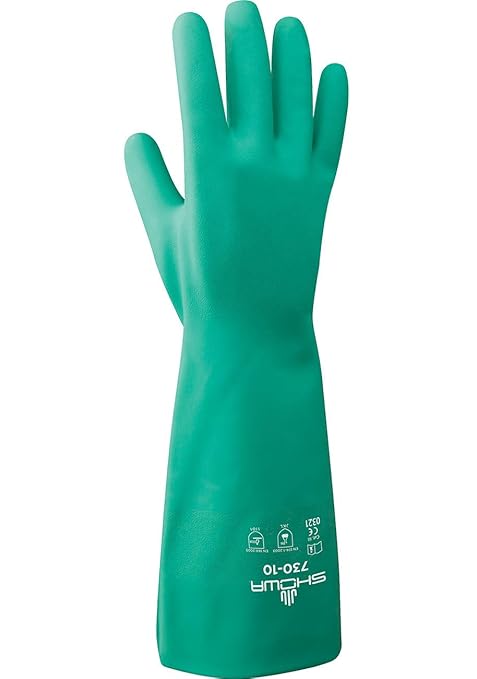 SHOWA 730 Chemical Resistant Gloves, 15-mil Nitrile with Cotton Flock Liner, 13-inch Extended Gauntlet, Bisque Grip, CE Cat III & Food Safe, Green, Large, 12-Pack