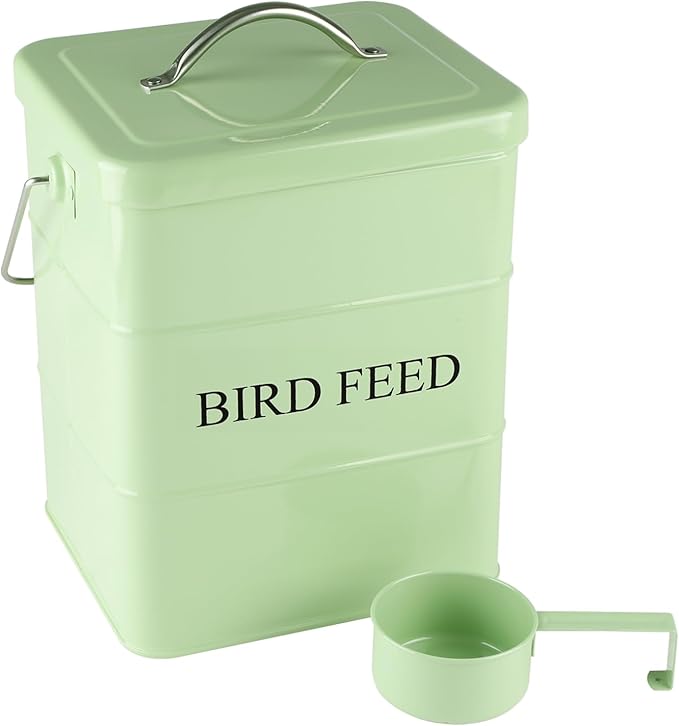 Bird Seed Storage Container Airtight,5~6LB Metal Bird Food Container with Scoop,Wild Bird Seed Tin for Storing Sunflower Seed-Ideal for Outdoor or Indoor-Squirrel proof -Green