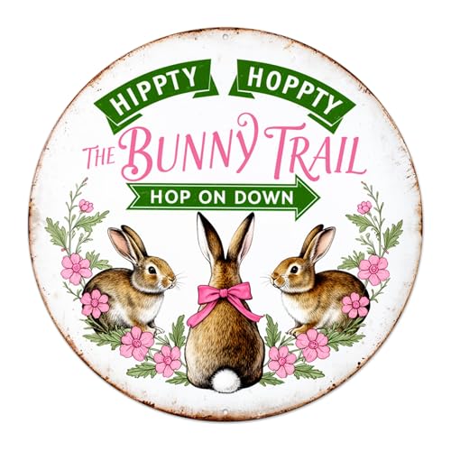Hippity Hoppity The Bunny Trail Round Aluminum Sign Retro Hop On Down Three Bunnies Pink - 8x8 Inch by Generic