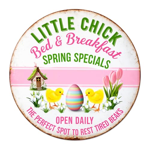 Little Chick Bed & Breakfast Round Aluminum Metal Sign Retro Spring Specials Easter Eggs - 8x8 Inch by Generic