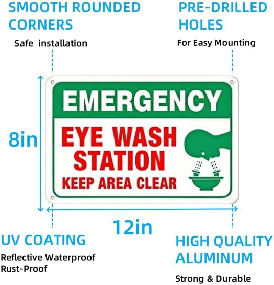 Eye Wash Station Metal Sign – 12×8 Inch Rust-Free, Weatherproof, Scratch-Resistant & Fade-Resistant – Pre-Drilled Holes for Easy Mounting in Laboratories, Factories, or Warehouses