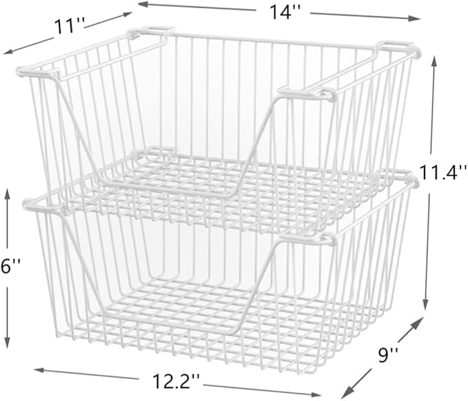 Slideep 14'' Large Stackable Storage Baskets Cabinet Organizer Sturdy Metal Wire Pantry Freezer Bin for Pantry Home Bathroom Kitchen Organization White - 2 Pack