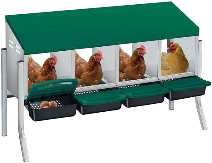 Chicken Nesting Boxes, 4-Hole Wall Mount Roll Away Nest for Easy Cleaning & Egg Collection, Metal Chicken Coop Nest for Hens, for Backyard, Farm, Poultry Coop with Bracket Legs, Green