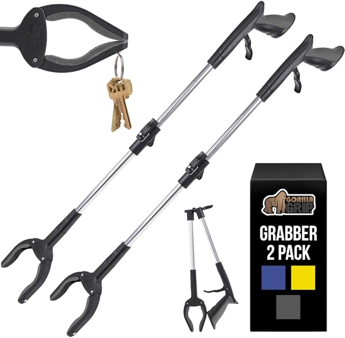 GORILLA GRIP Strong Rubber Lined Claw Grabber, 2 Pack Ergonomic Anti-Slip Reacher Tool for Seniors, 360 Magnetic Rotating Head Reaching Pickup Stick, Foldable Trash Picker, Handicap Gripper, Gray