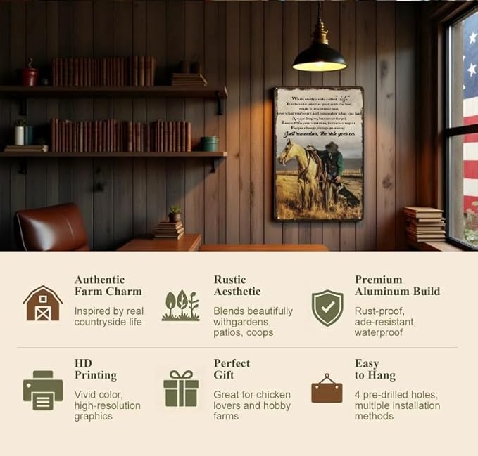 Western Decor Vintage Tin Sign While On This Ride Called Life Gifts for Western Cowboy Lovers Western House Wall Decor for Garage, Man Cave,Bar 8x12 Inches