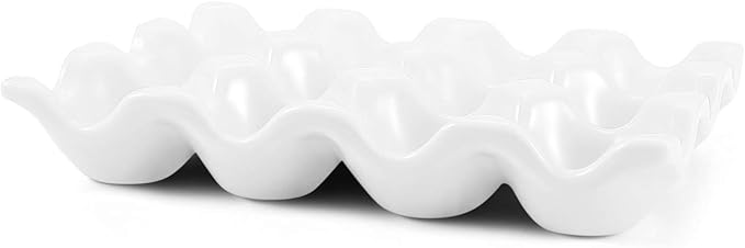 Flexzion Egg Ceramic & Porcelain Egg Holder, 12-Piece Non-Slip Tray Storage Box, White