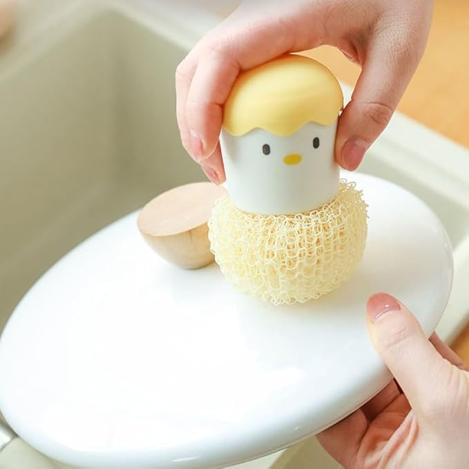 Eggshell Chicken Style Scrubber Brush with ForNano Fiber Cleaning Ball for Kitchen Cleaning of Pots, Pans, and Dishes Featuring Comfortable Handle and Compact Shape (2pcs-Pink)