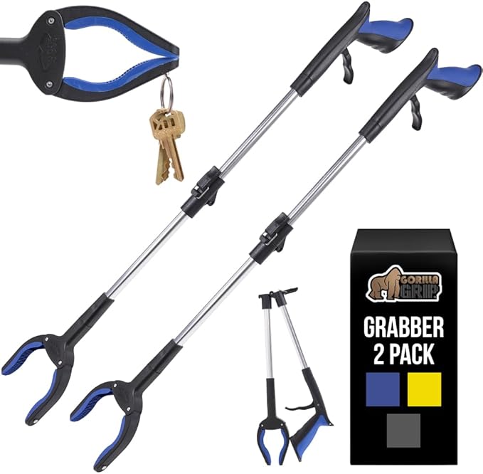GORILLA GRIP Strong Rubber Lined Claw Grabber, 2 Pack Ergonomic Anti-Slip Reacher Tool for Seniors, 360 Magnetic Rotating Head Reaching Pickup Stick, Foldable Trash Picker, Handicap Gripper, Blue