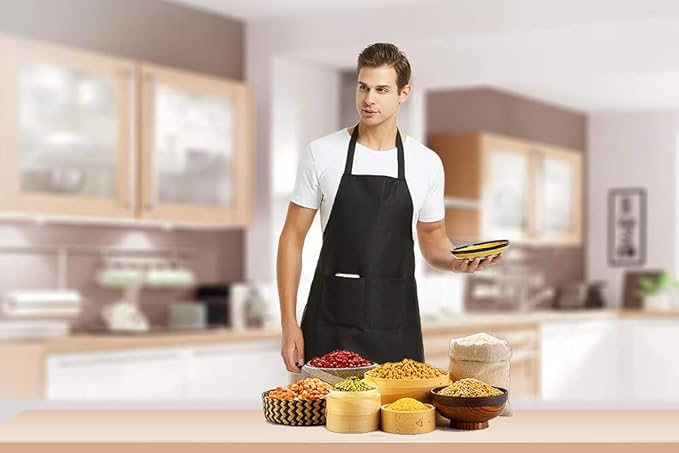 DUSKCOVE 8 Pack Bib Aprons Bulk - Unisex Yellow Commercial Apron with 2 Pockets for Kitchen Crafting BBQ Drawing Cooking