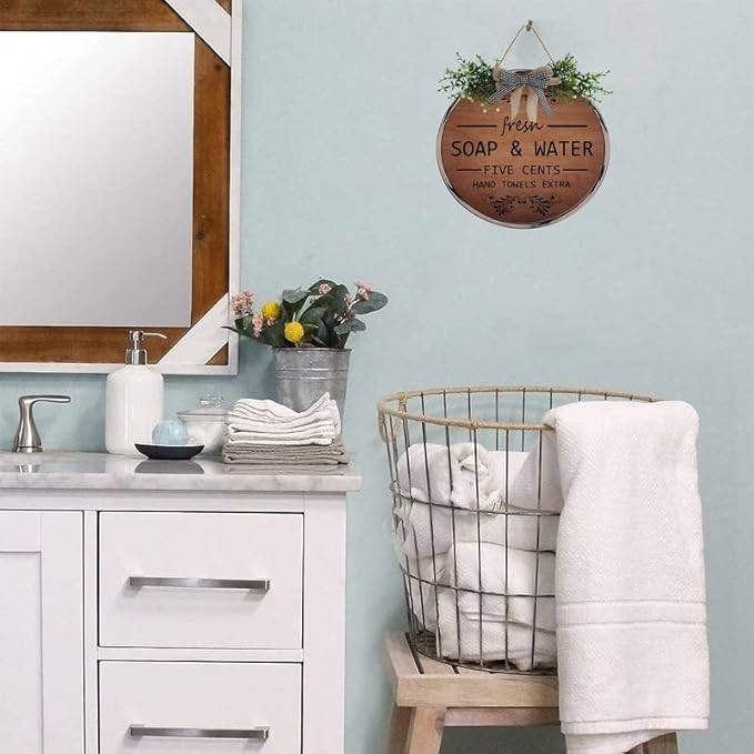 Farmhouse Bathroom Wall Decor Antique Frame Round Wooden Sign Vintage Decor for Toilet Restroom Restroom Hanging Sign Fresh Soap And Water 12 X 12 Inch