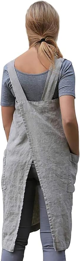 Women's Pinafore Apron Cross Back Apron with Pockets Cotton Linen Apron Dress Plus Size