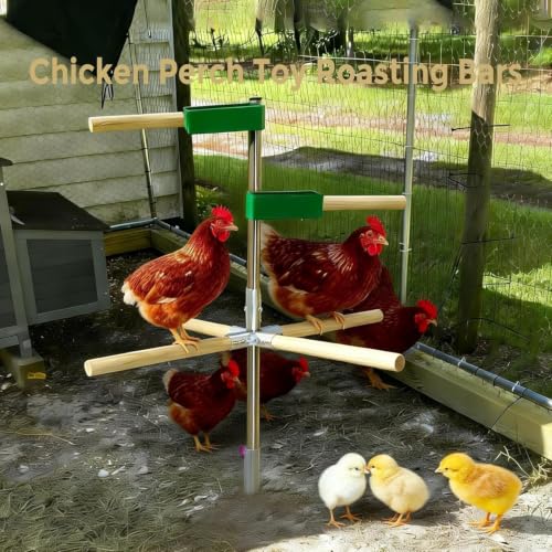 Chicken Perch Toys for Coop with 2 Trays(Feed or Water) - H=61.2inch with 2 Trays, Natural, Steel-Wood Hybrid - Image 2