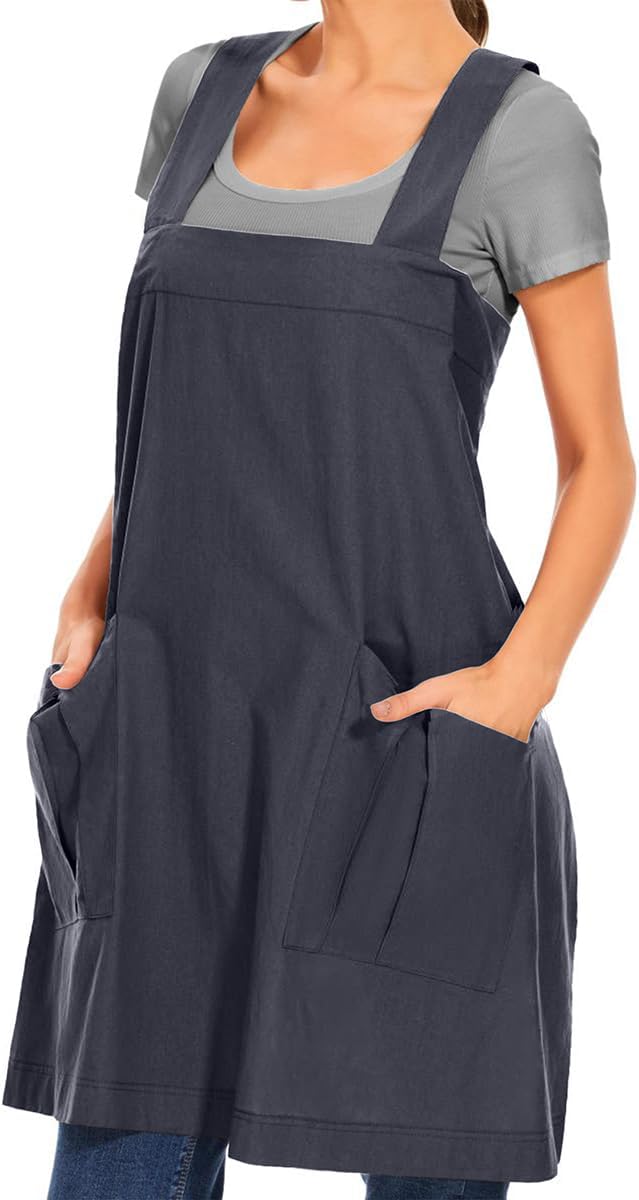 Larmliss Women's Cotton Cross Back Apron Pinafore Dress with Big Pockets Loose Square Apron for Baking Cooking Gardening