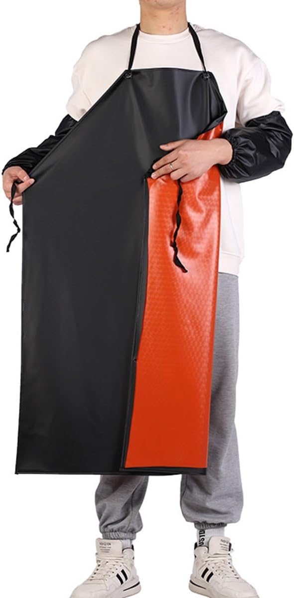 Rubber Waterproof Apron Anti-Corrosion Work Safety Apron Black Apron with 2 Sleeves, Chemical Resistant Industrial Work Apron, Waterproof Rubber Vinyl Black Work Apron 43 Inch Adjustable Bib