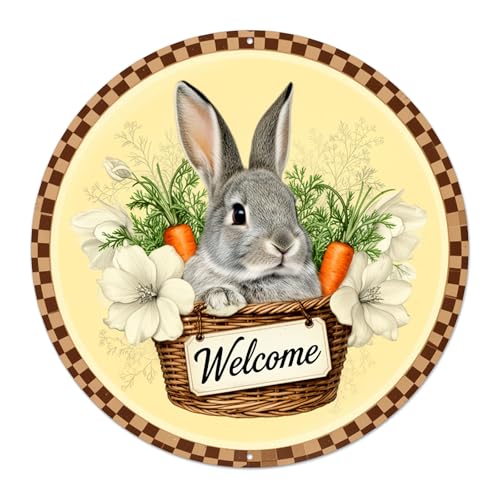 Welcome Bunny in Basket Round Aluminum Sign Retro Gray Rabbit with Carrots White Flowers - 8x8 Inch by Generic