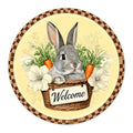 Welcome Bunny in Basket Round Aluminum Sign Retro Gray Rabbit with Carrots White Flowers - 8x8 Inch by Generic