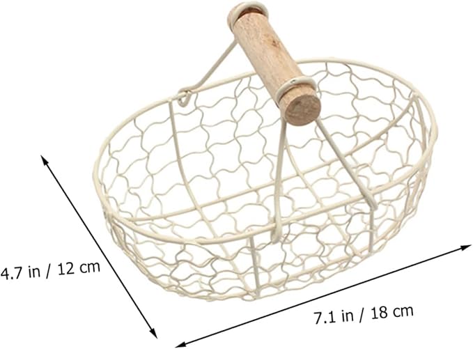 2pcs Vintage Style White Iron Wire Fruit Basket with Wooden Handles, Multi-function Metal Mesh Storage Baskets for Kitchen, Egg and Bread Organizer, Small Harvesting and Serving