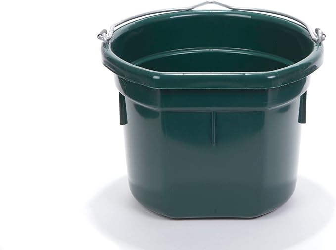 Little Giant® Flat Back Plastic Animal Feed Bucket | Animal Feed Bucket with Metal Handle | Horse Stall Feeding and Watering Supplies (Green, 8 Quart)