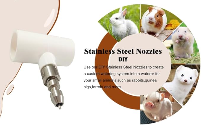 Stainless Steel Rabbit Water Nipples Metal Automatic Watering System Kit with PVC Tee for Guinea Pig, Hamster, Ferrets Other Rodent Small Animals(6Pcs)