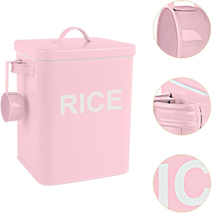 Fenteer Metal Rice Storage Box, Flour Canister and Spoon, Sealed Food Storage Bin, Iron Rice Container for Flour, Cereal, Pet Food, Pink M