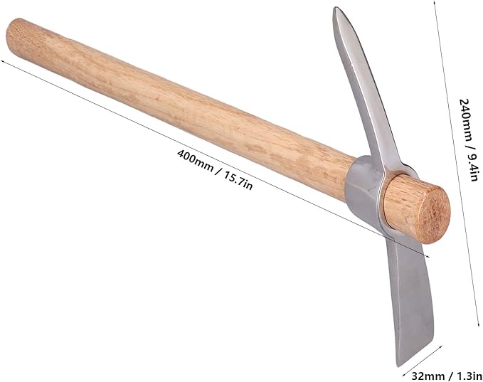 15.7in Hand Cultivator & Hoe Tool - Dual Head Stainless Steel Garden Pickaxe for Weeding, Digging, Planting - Ergonomic Wooden Handle for Farming, Landscaping, Bonsai Care