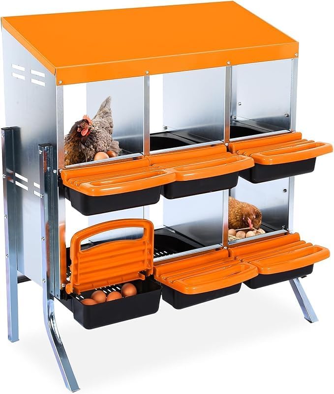 Chicken Nesting Box, 6-Compartment Egg Laying Box, Convenient for Collecting Eggs, Ventilated Poultry House Equipment in Metal Chicken Coop, Suitable for Hens and Ducks, (Orange, with Stand)