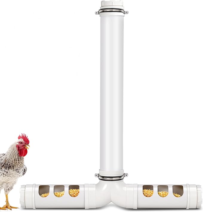 PVC Chicken Feeder No Waste 13lbs Automatic Poultry Chicken Coop Feeder 6 Feeding Port Gravity Poultry Feeding Trough for Ducks Turkeys Geese Quails Pigeon
