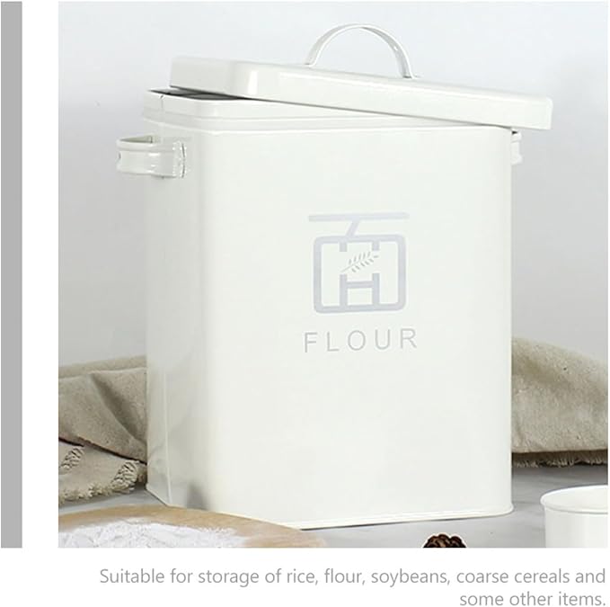 TOYANDONA Iron Flour Storage Bucket and Household Rice Container, Airtight Vintage White Metal Food Storage Bin for Kitchen Pantry Organization, Moisture-proof Multi-function Rice and Flour