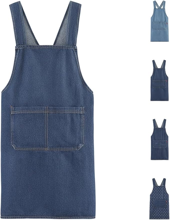 Apron with Pockets for Women and Men, Lightweight Cotton Jean Cross Back Apron with Front Pocket for Cooking Gardening