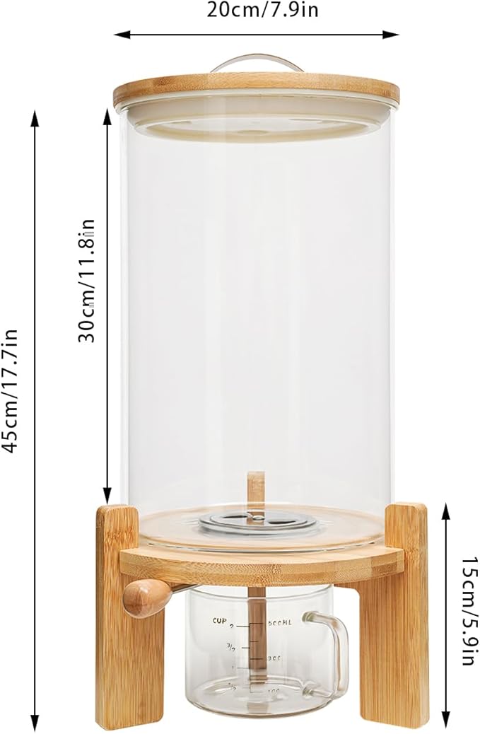 7.5L Glass Rice Dispenser with Bamboo Stand, 8-14 Lbs Cereal Container with Glass Measuring Cup,Large Airtight Food Organization Storage Bin for Grain, Coffee Bean, Dry Food