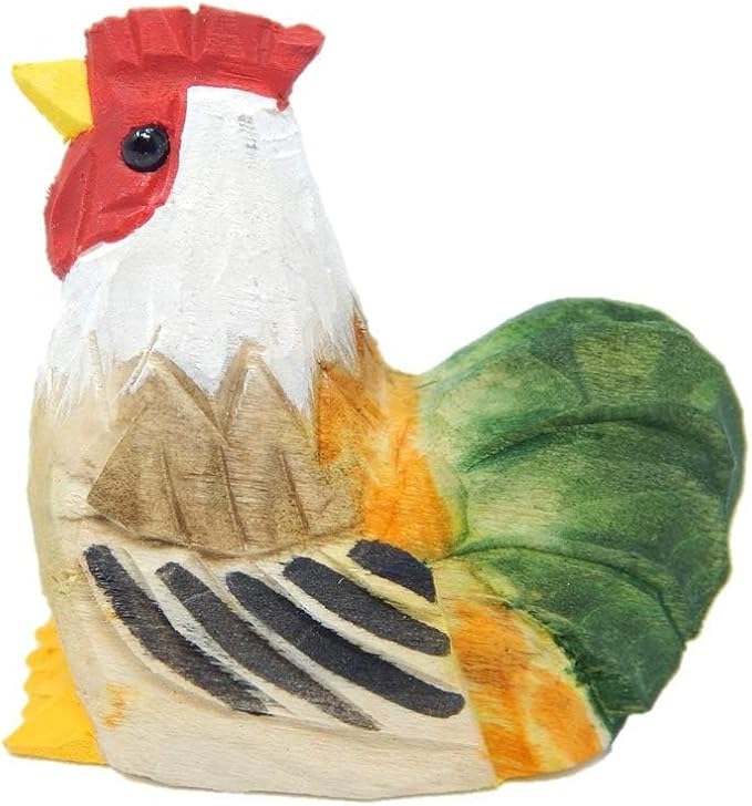 Hand-Carved Wooden Rooster Figurine - Miniature Bird Art Statue Mini Carved Ornament Figurine Small Farm Animal, Rustic Carved Bird SculptureOrnament & Collectible Country Decor