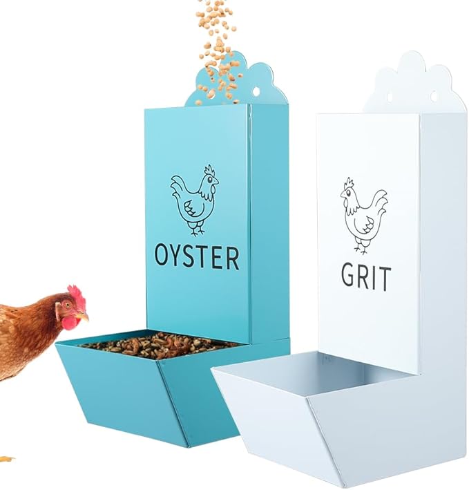 2 Pack Metal Chicken Feeder, Oyster Shell and Grit Feeder Hanging/Ground Chicken Coop Feeder with Durable Iron Construction for Hens & Chicks (Blue & White)