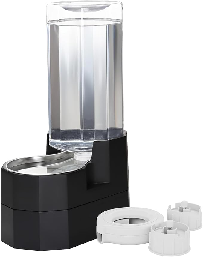 RIZZARI Large Dog Water Dispenser: 9L Raised Gravity Gray Automatic Stainless Steel Waterer with 2 Caps - 100% BPA Free - Pet Feeder for Senior Dogs with Joint Pain in Bedroom Garden