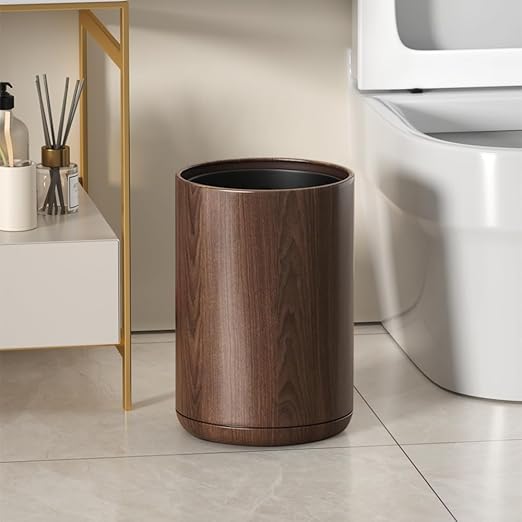 8L/2.1GAL Dark Brown Modern Metal Waste Bin with Realistic Wood Texture,Built-in Bag Holder,Office Trash Can,Open-Top Trash Bin,for Bathroom,Home,Office,Living Room (2.1gal Round)