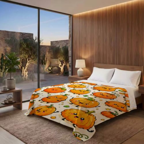 Kawaii Pumpkin Blanket, Happy Faces Fall Harvest Design 50×60 - 50"x60", Autumn Pumpkin, Polyester - Image 6