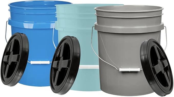 House Naturals 5 Gallon Food Grade Bucket Pail with Airtight Screw on Lid (Pack of 3) BPA Free Made in USA- 3 Colors (Aqua, Blue, Gray, Black lids)
