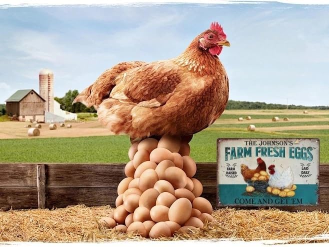 Vintage Farm Fresh Eggs Metal Sign, Chicken Gifts Golden Eggs Tin Sign For Chicken Coop Rustic Farmhouse Kitchen Garden Wall Decor 8" x 12"