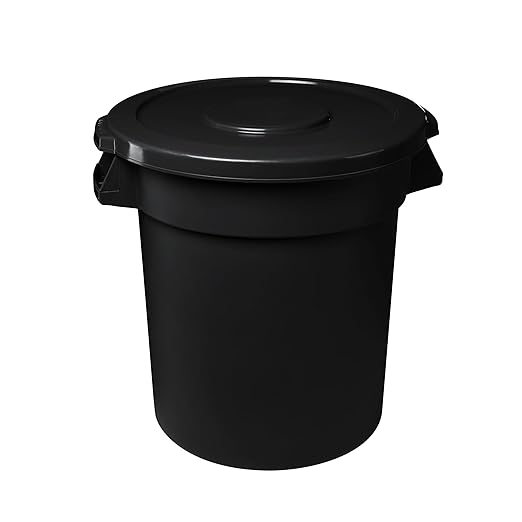 Feed and Seed Storage Container, 55 Gallon Black Round Commercial Trash Can and Lid, Food Storage Plastic Bin, Use in Agricultural, Gardening, or Household