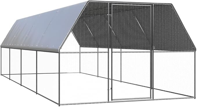 Galvanized Steel Chicken Cage 9.8x26.2x6.6ft Outdoor Coop Large Walk-in Run Silver for Backyard Poultry Hen House Secure Lock Weatherproof