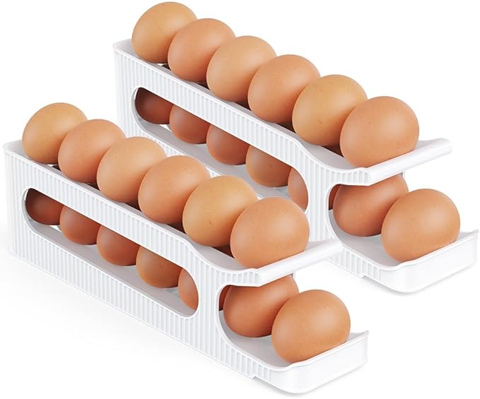 Egg Holder for Fridge, 2 Tiers Auto Rolling Forward (Can not Roll Down), Egg Storage Organizer for Refrigerator, Slim Space Saving Container, Dispenser - Egg Roller for Eggs 24 Count, Non-Stackable
